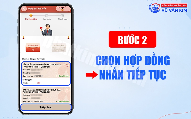 Chọn hợp đồng và nhấn tiếp tục