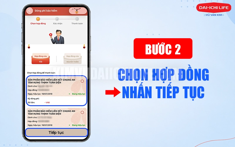 Chọn hợp đồng và nhấn tiếp tục