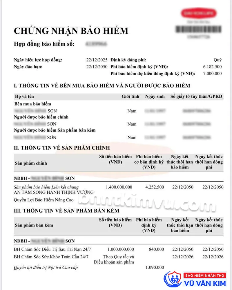 Chứng nhận bảo hiểm của anh Sơn