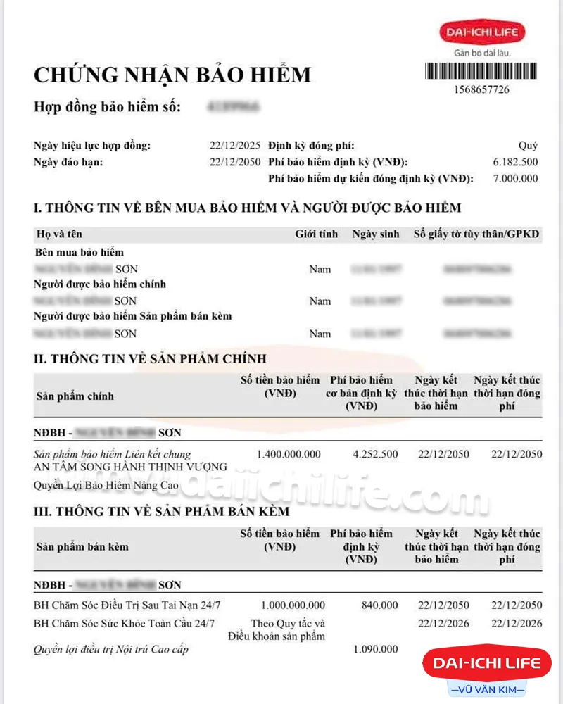 Chứng nhận bảo hiểm của anh Sơn