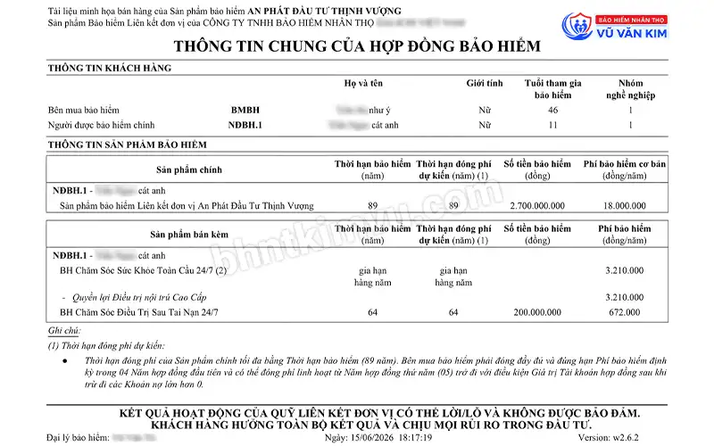 Hợp đồng bảo hiểm An Phát Đầu Tư Thịnh Vượng của chị T-T-N-Y