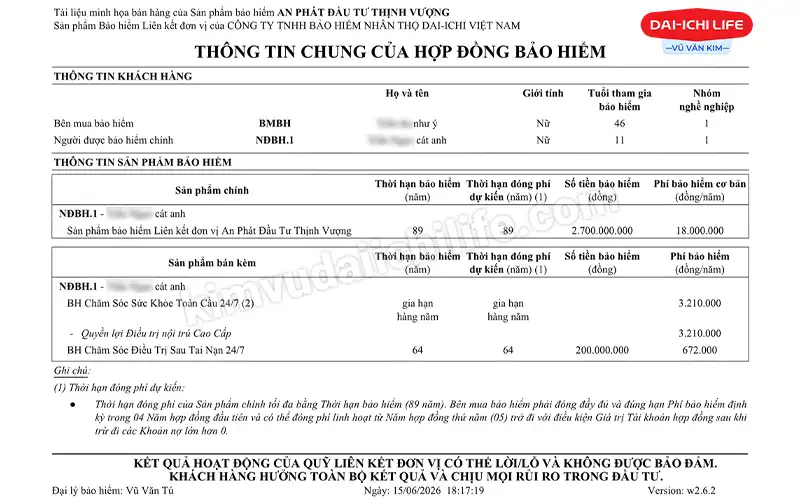 Hợp đồng bảo hiểm An Phát Đầu Tư Thịnh Vượng của chị T-T-N-Y